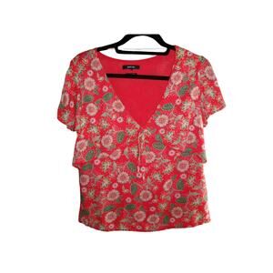 Miss Me Womens Large Red Floral Short Sleeve Tie Front Blouse Boho Top